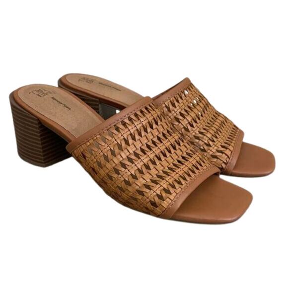 Time & Tru Cognac Brown Wicker Woven Block Heel Sandals 7 - Picture 1 of 6